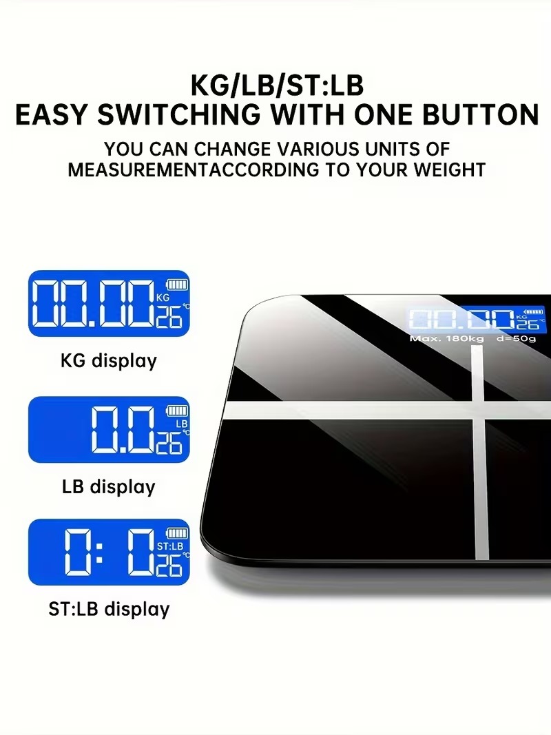 Black Digital Bathroom Scale 396 lbs / 180 kg – High Precision Body Weight Scale with LCD Display & Temperature Sensor, Ultra-Wide Platform - Image 4